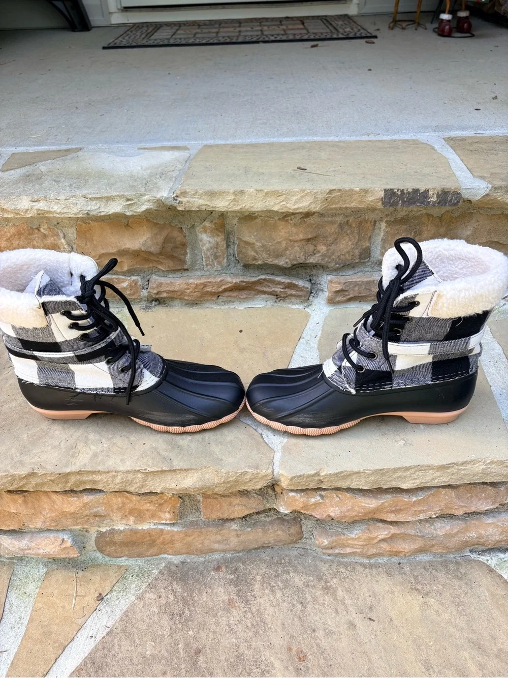 Outwoods Black Plaid Winter Duck Boots with Light Soles